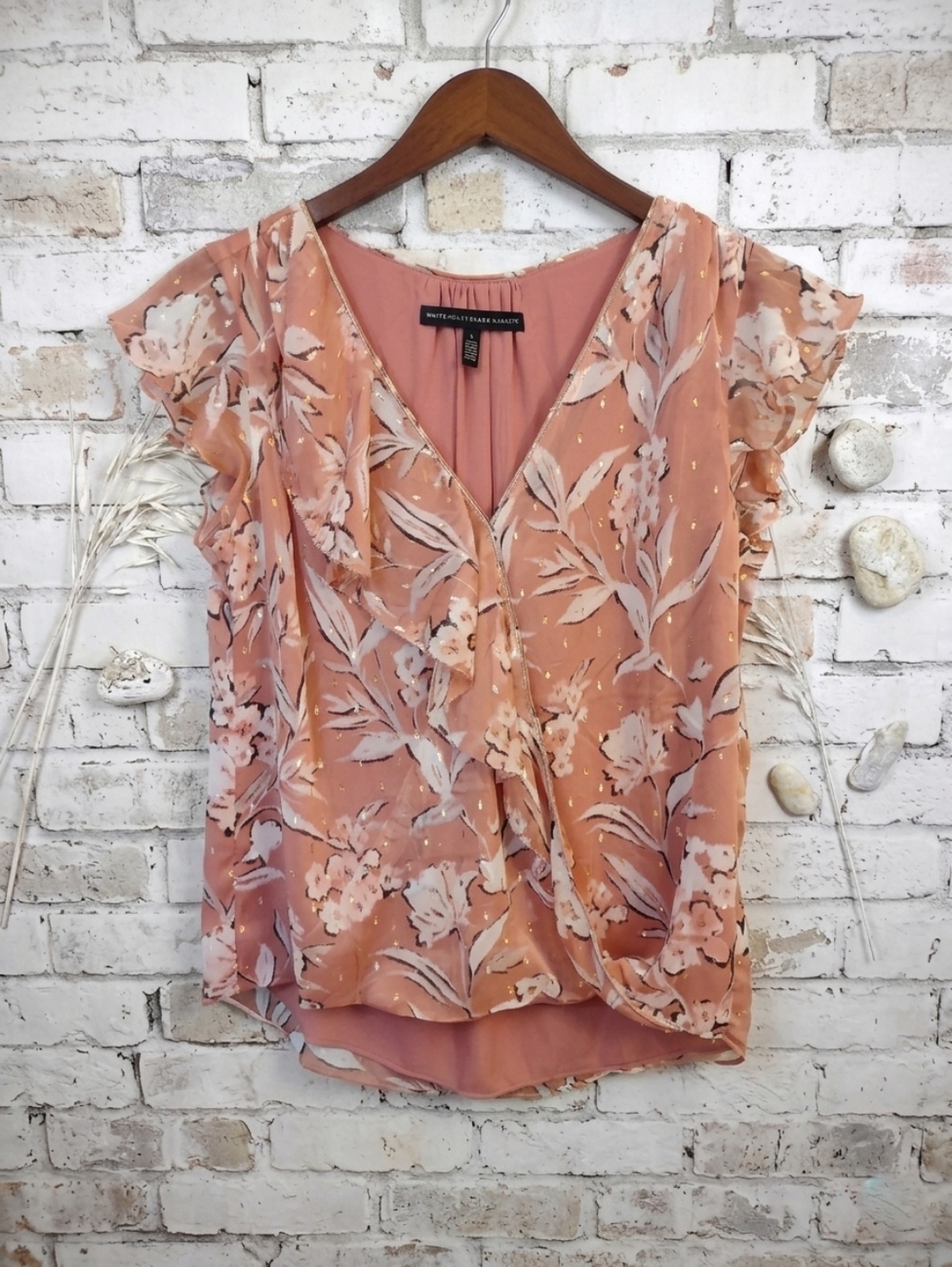 White House Black Market Metallic Clip Dot Floral Surplice Ruffle Top - Size 4